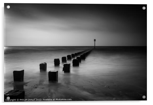 Bridlington beach groynes in black and white fine art 775 Acrylic by PHILIP CHALK