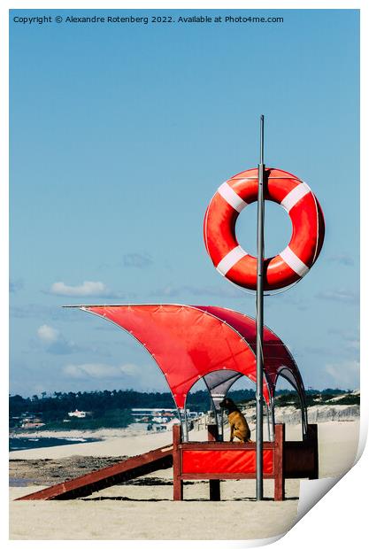 Lifeguard dog by a beach with baywatch float Print by Alexandre Rotenberg