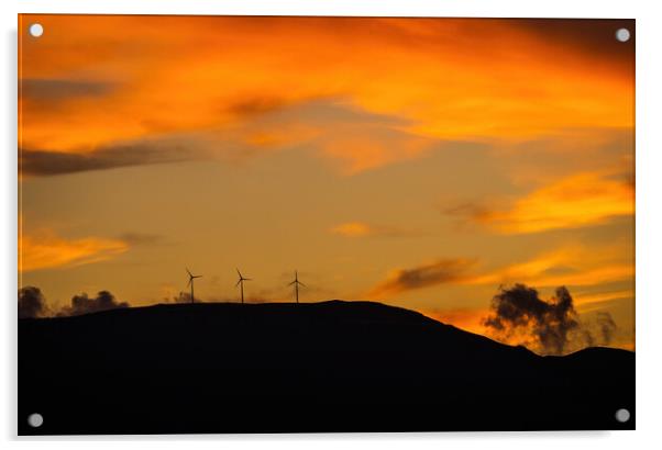 Clean energy power concept with wind turbine on top of a mountain during dramatic sunset Acrylic by Arpan Bhatia