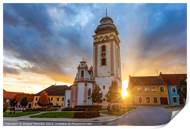 Evening above historic center of Bechyne. Old church. Czechia. Print by Sergey Fedoskin