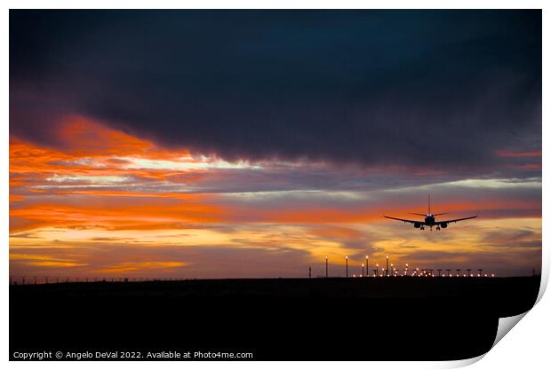 Airplane Landing at Dusk Print by Angelo DeVal