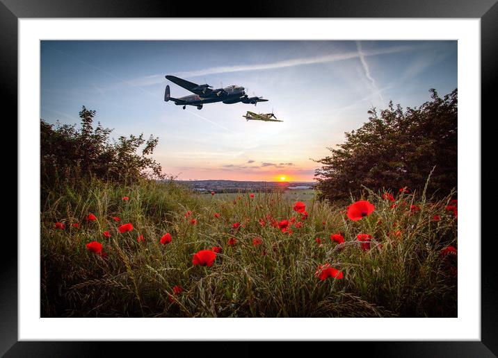 Lancaster and Spitfire Poppy Sunset Framed Mounted Print by J Biggadike