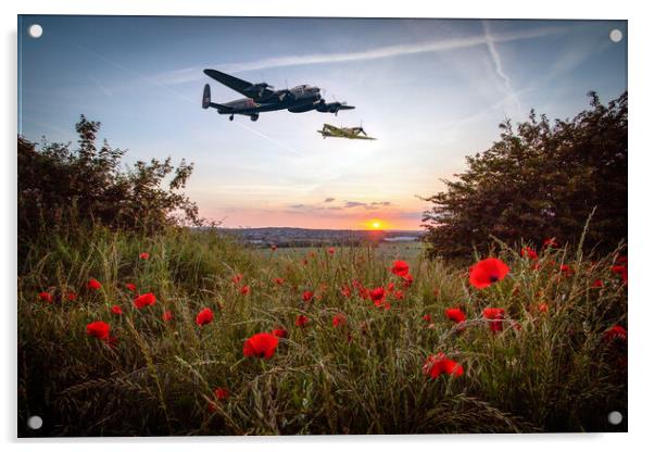 Lancaster and Spitfire Poppy Sunset Acrylic by J Biggadike