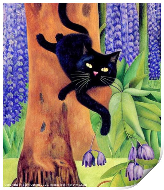 Lazy Black Cat in the Purple Forest Print by Beryl Curran