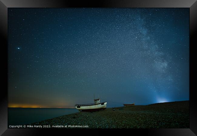 Lighthouse beams the Milky Way at Dungeness Framed Print by Mike Hardy