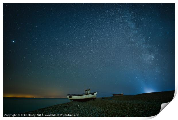 Lighthouse beams the Milky Way at Dungeness Print by Mike Hardy