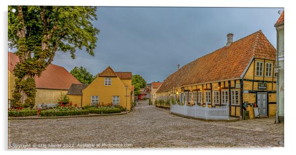 Panoramic wiev of a cobbelstone square and the old timber framed Acrylic by Stig Alenäs