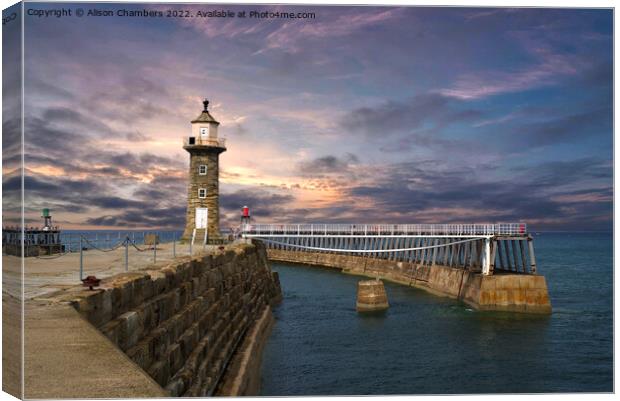 Whitby Pier Sunset Canvas Print by Alison Chambers