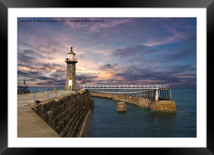 Whitby Pier Sunset Framed Mounted Print by Alison Chambers