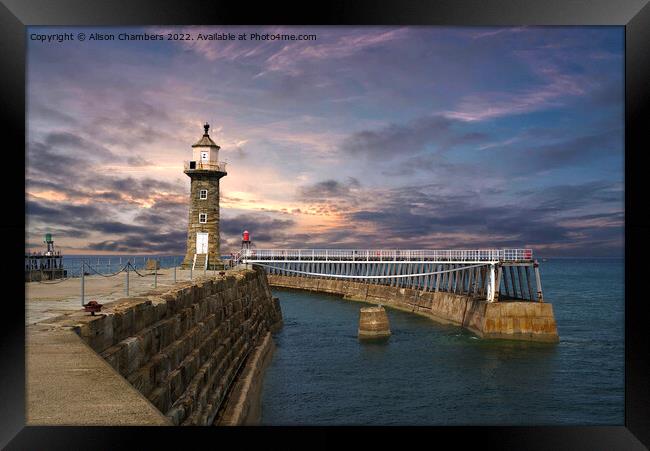 Whitby Pier Sunset Framed Print by Alison Chambers