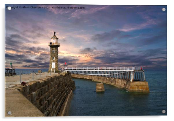 Whitby Pier Sunset Acrylic by Alison Chambers
