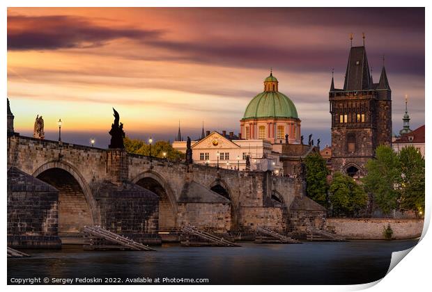 Colorful sunset view on old town, Charles bridge (Karluv Most - in czech) and Vltava river, Prague, Czech Republic. Print by Sergey Fedoskin