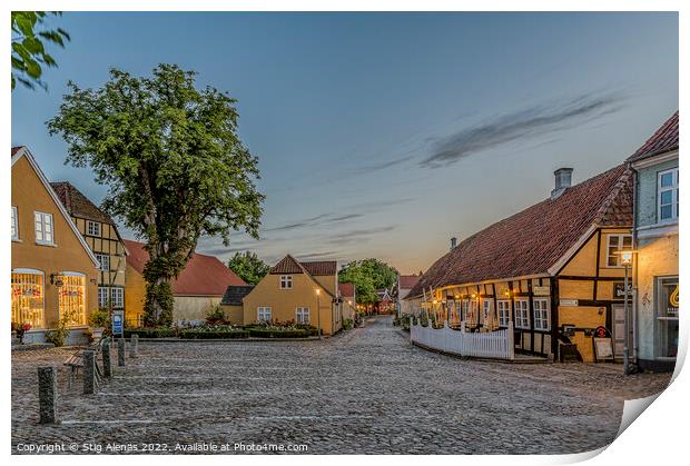 The square in the idyllic town Mariager in the dusk twilight hou Print by Stig Alenäs