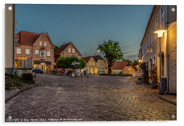 the illuminated square in the small Danish town of Mariager duri Acrylic by Stig Alenäs