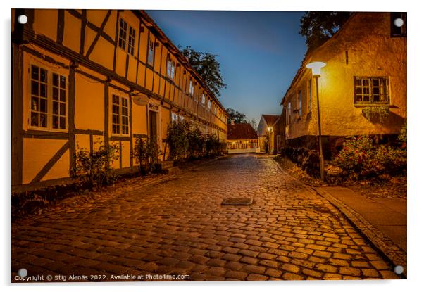 streetlamp at twilight hour in the old cobbled street Acrylic by Stig Alenäs