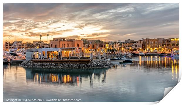 Restaurant in Abu Tig Marina at sunset Print by Stig Alenäs