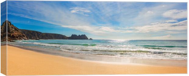 Porthcurno Beach and Logan Rock, Cornwall. Canvas Print by Maggie McCall