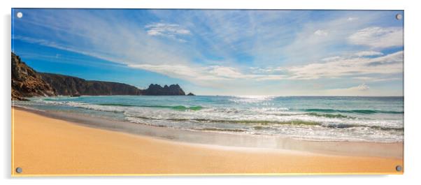Porthcurno Beach and Logan Rock, Cornwall. Acrylic by Maggie McCall