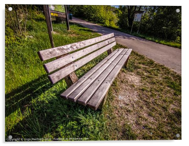 High angle shot of a bench near a street Acrylic by Ingo Menhard