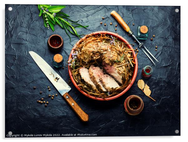Roast pork in hay with herbs Acrylic by Mykola Lunov Mykola