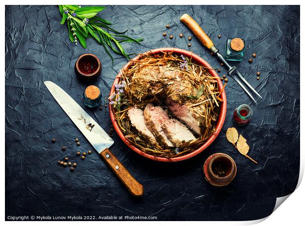 Roast pork in hay with herbs Print by Mykola Lunov Mykola