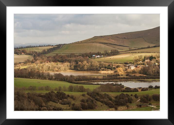 Floods near Alfriston, South Downs, East Sussex Framed Mounted Print by Sally Wallis