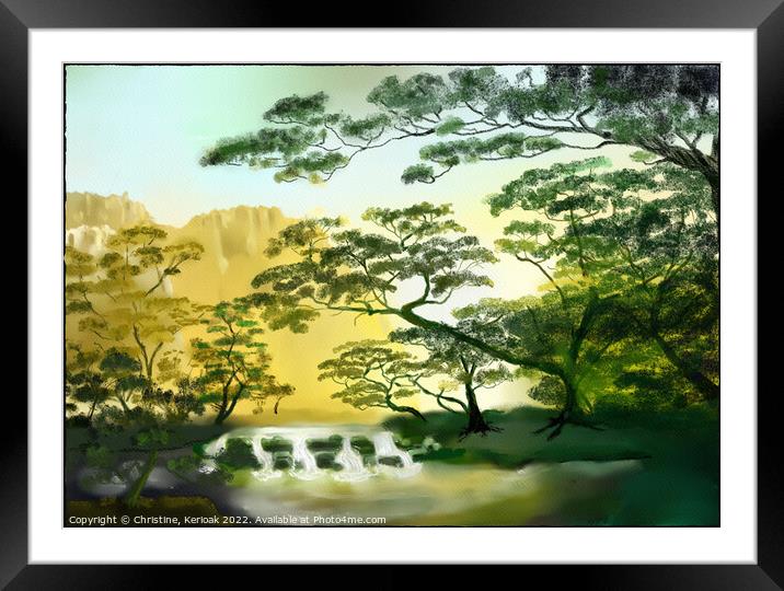 Waterfall Amoung the Trees - Painting Framed Mounted Print by Christine Kerioak