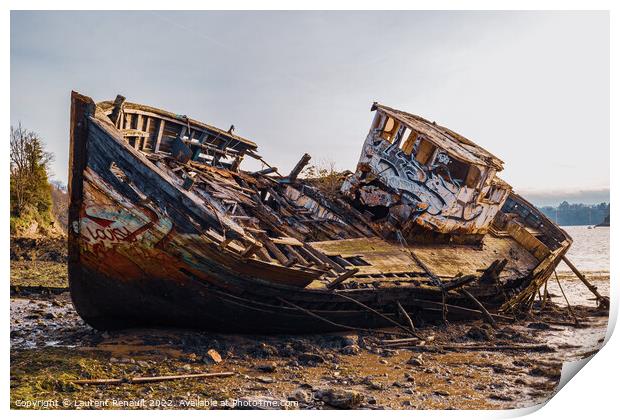 Wreck of a wooden fishing boat abandoned Print by Laurent Renault