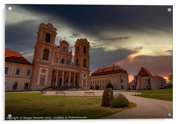 Sunset over Gottweig Abbey (German name is Stift G?ttweig) in Krems region. Wachau valley. Austria. Acrylic by Sergey Fedoskin
