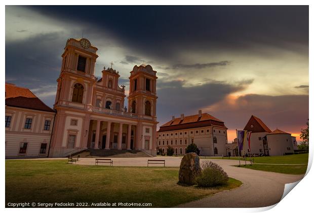 Sunset over Gottweig Abbey (German name is Stift G?ttweig) in Krems region. Wachau valley. Austria. Print by Sergey Fedoskin