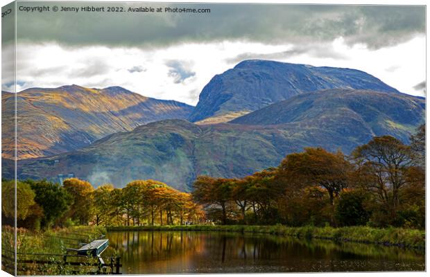 Impressive Ben Nevis towering over Caledonian Canal Corpach Canvas Print by Jenny Hibbert