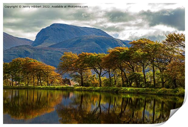 Caledonian Canal with a line of autumnal trees reflecting in the canal Print by Jenny Hibbert