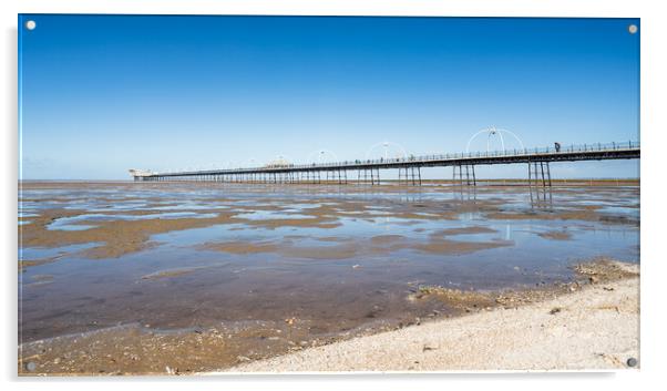 Pools of water in front of Southport Pier Acrylic by Jason Wells