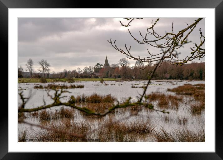 Alfriston church across floods Framed Mounted Print by Sally Wallis