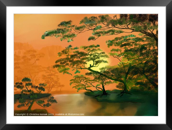 Trees around a Lake in Orange - painting Framed Mounted Print by Christine Kerioak
