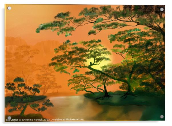 Trees around a Lake in Orange - painting Acrylic by Christine Kerioak