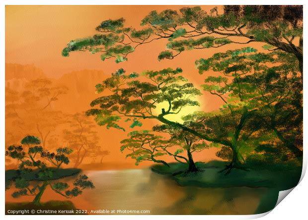 Trees around a Lake in Orange - painting Print by Christine Kerioak