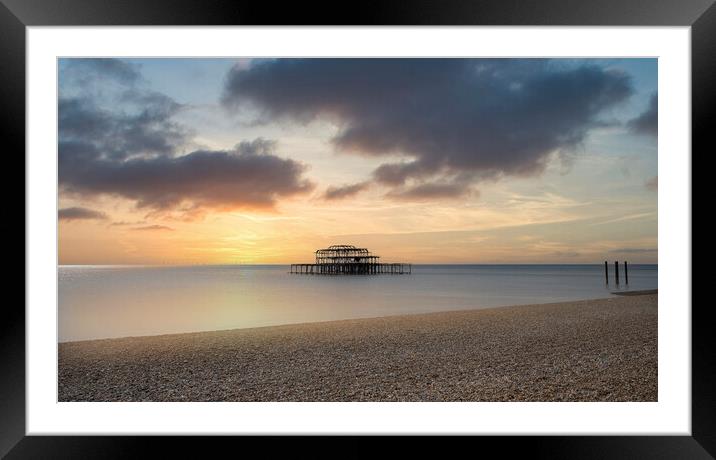 Brighton Seafront, Old west Pier,at sunset Framed Mounted Print by kathy white