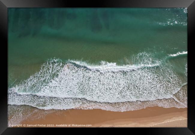 Beach and waves from top view. Turquoise water background Framed Print by Samuel Foster
