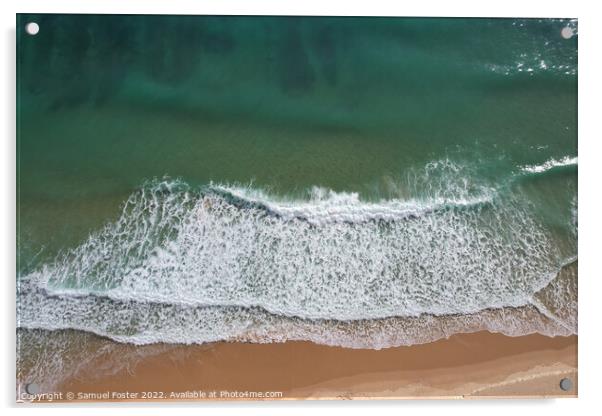 Beach and waves from top view. Turquoise water background Acrylic by Samuel Foster