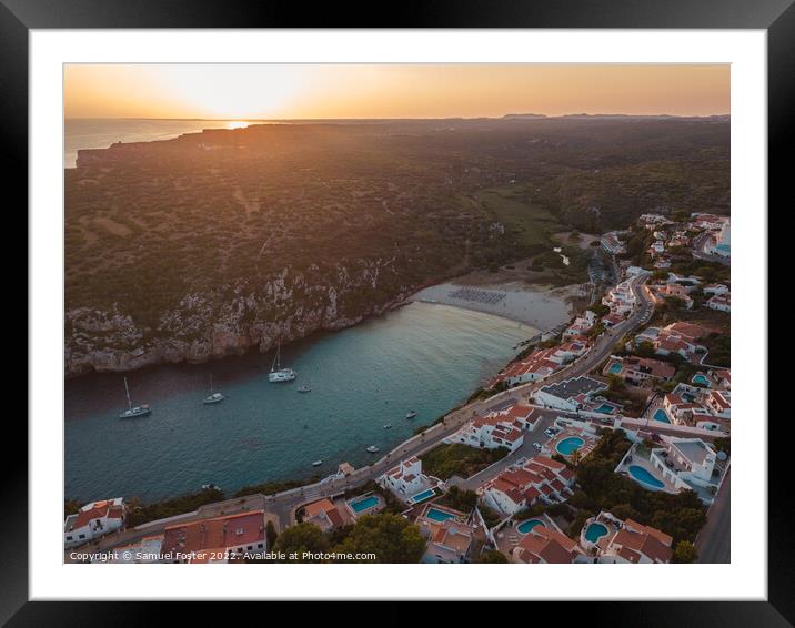 Aerial drone beach and sea view at sunset Cala En  Framed Mounted Print by Samuel Foster