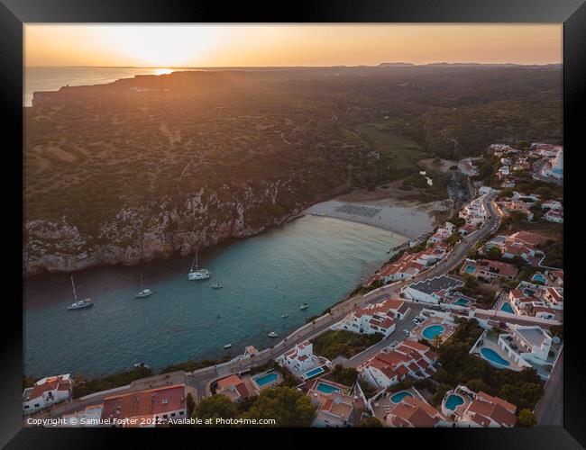 Aerial drone beach and sea view at sunset Cala En  Framed Print by Samuel Foster