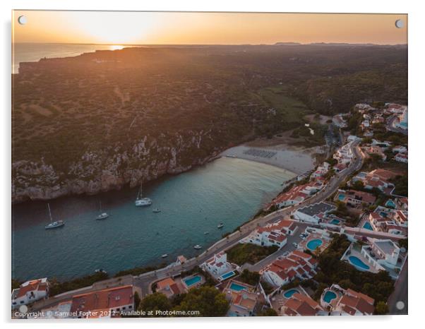 Aerial drone beach and sea view at sunset Cala En  Acrylic by Samuel Foster