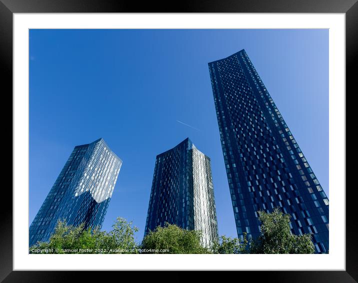 Manchester city centre glass buildings with blue sky Framed Mounted Print by Samuel Foster