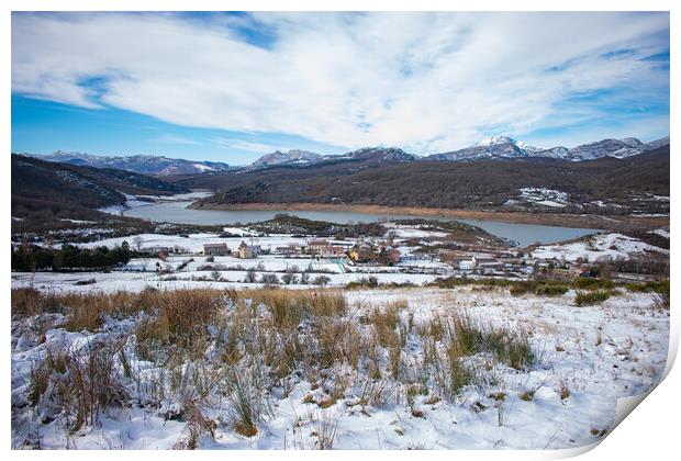 lakeside village in the snow capped mountains Print by David Galindo