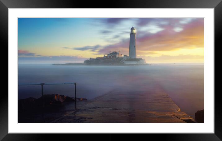 Misty Sunrise at St Marys Lighthouse Framed Mounted Print by Anthony McGeever