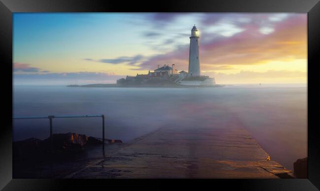 Misty Sunrise at St Marys Lighthouse Framed Print by Anthony McGeever
