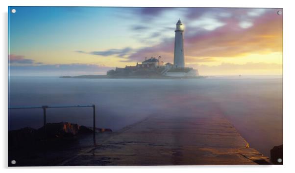 Misty Sunrise at St Marys Lighthouse Acrylic by Anthony McGeever