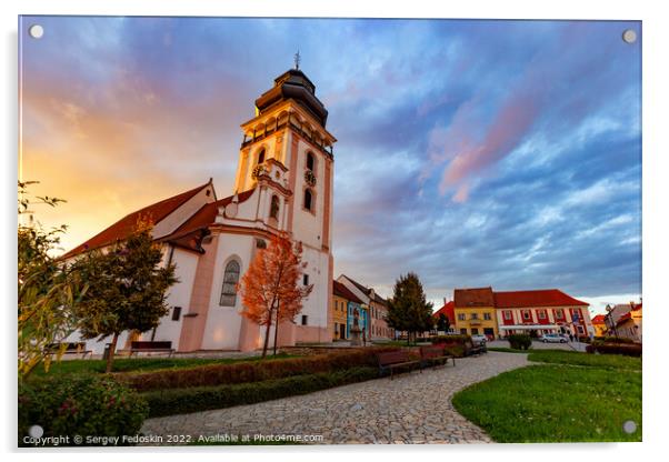 Evening above historic center of Bechyne. Old church. Czechia. Acrylic by Sergey Fedoskin