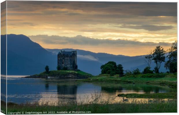 Loch Laich and castle Stalker at sunset, Argyll, S Canvas Print by Delphimages Art